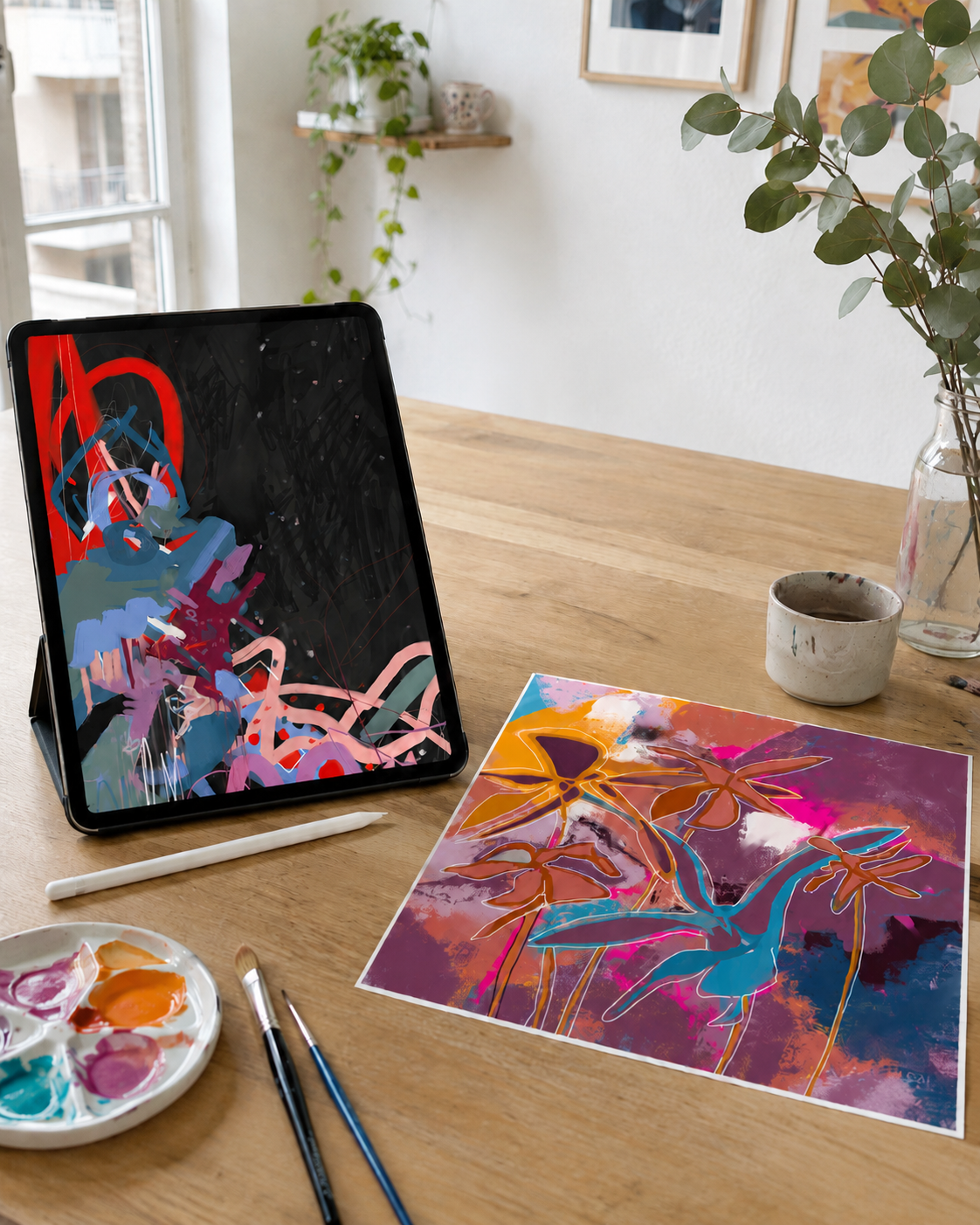 A tablet with colorful digital artwork on a wooden table next to a botanical art print with a vibrant background. Art supplies are also on the table. In the background, there are houseplants and a window.
