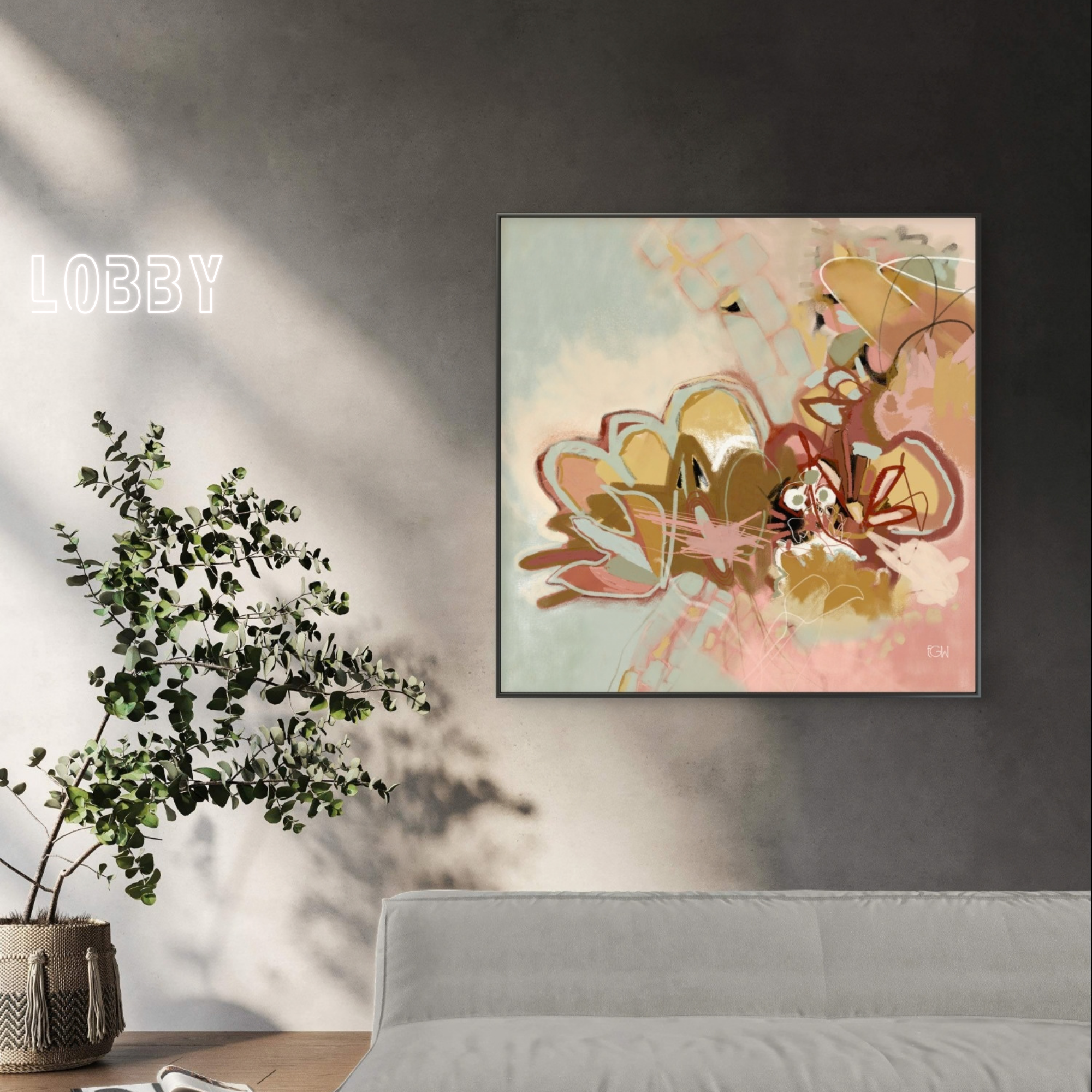 'Begin Again,' neutral botanical abstract art by Emily Whitish hangs in a modern living space with a gray wall, a white sofa, a wooden side table, a potted plant, and a decorative vase with black and white patterns.