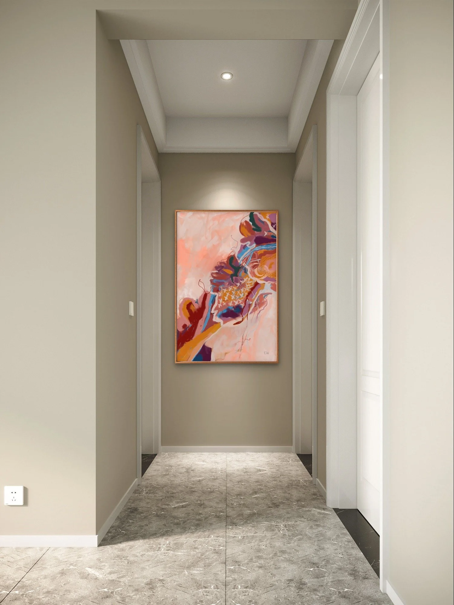 A hotel hallway with 'Late October,' a painting by contemporary abstract artist Emily Whitish, hangs on the wall. The hallway has cream-colored walls, a recessed ceiling with a single light, and a marble floor with dark borders.