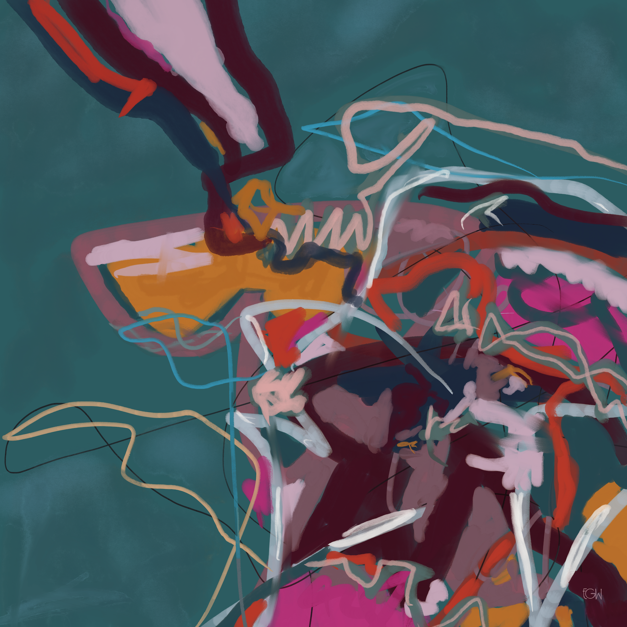 'On Top of the World' is an abstract digital painting by Emily Whitish, with colorful, swirling lines and shapes on a teal background.