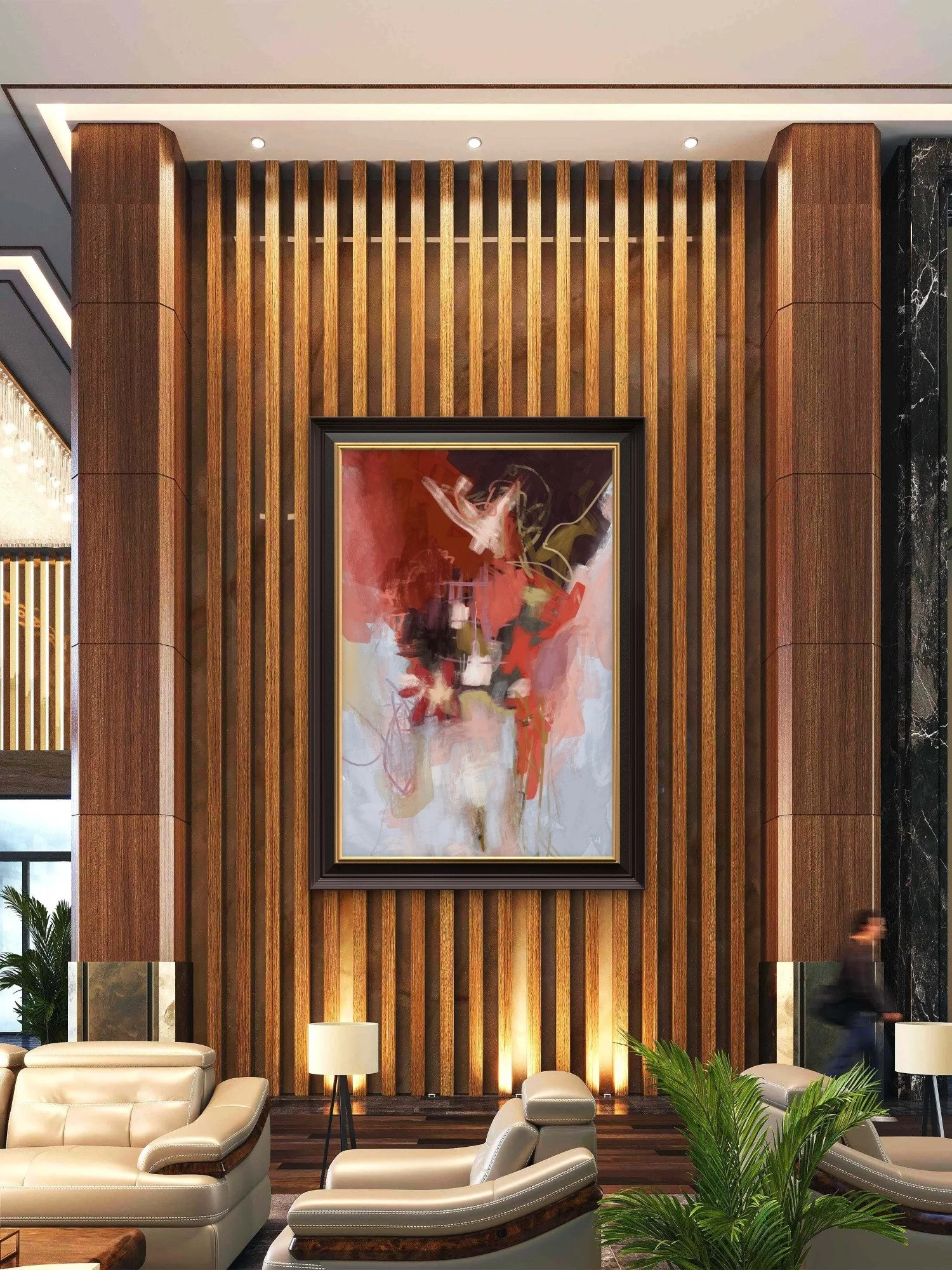 'Still Falling' abstract art print by fine artist Emily Whitish hangs in a modern hotel lounge with beige leather furniture, and sleek lighting.