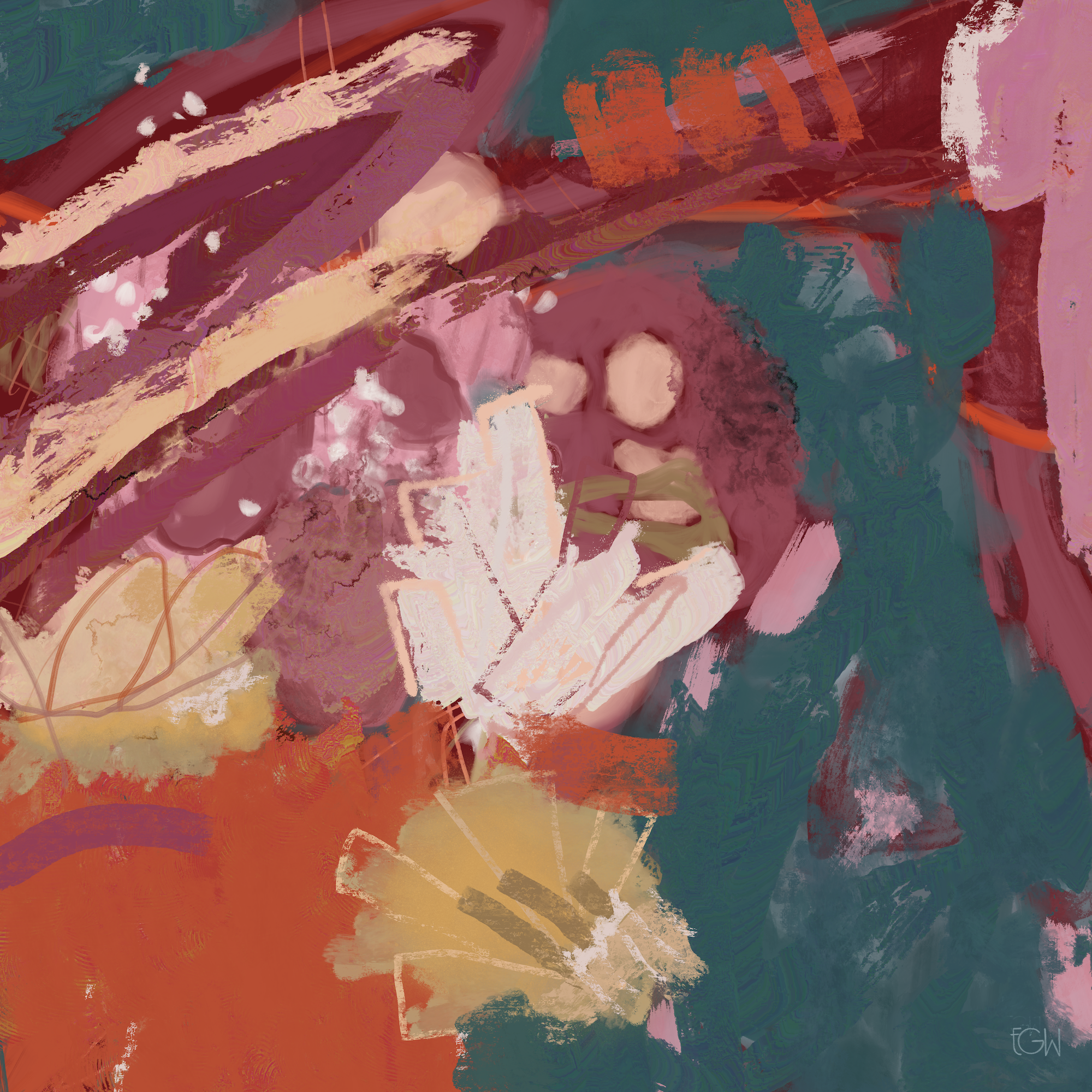 'Wild Heart Soft Start' is an abstract digital painting by Emily Whitish, using warm shades of red, orange, pink, along with cooler shades of teal and blue, featuring bold brushstrokes, textured patterns, and layered colors.