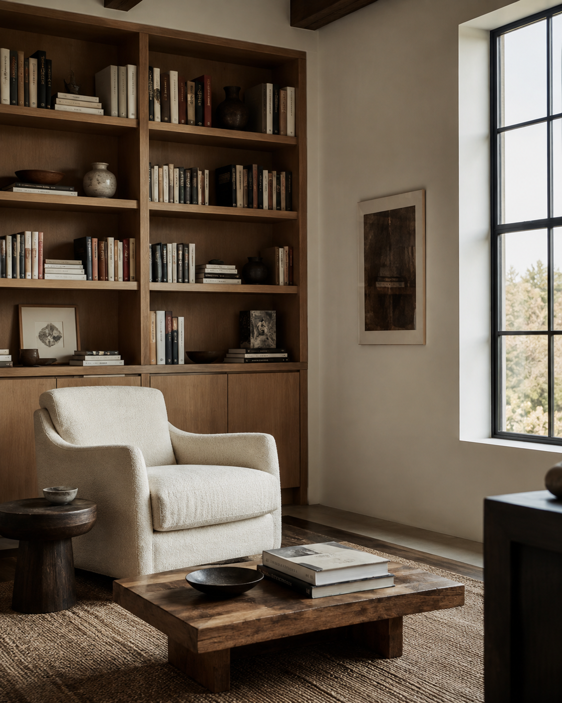 A cozy living room with a white armchair, a wooden coffee table holding books and bowls, a built-in wooden bookshelf filled with books and decorative items, and a large window unveiling an outside view of trees, all in a warm, neutral color palette.