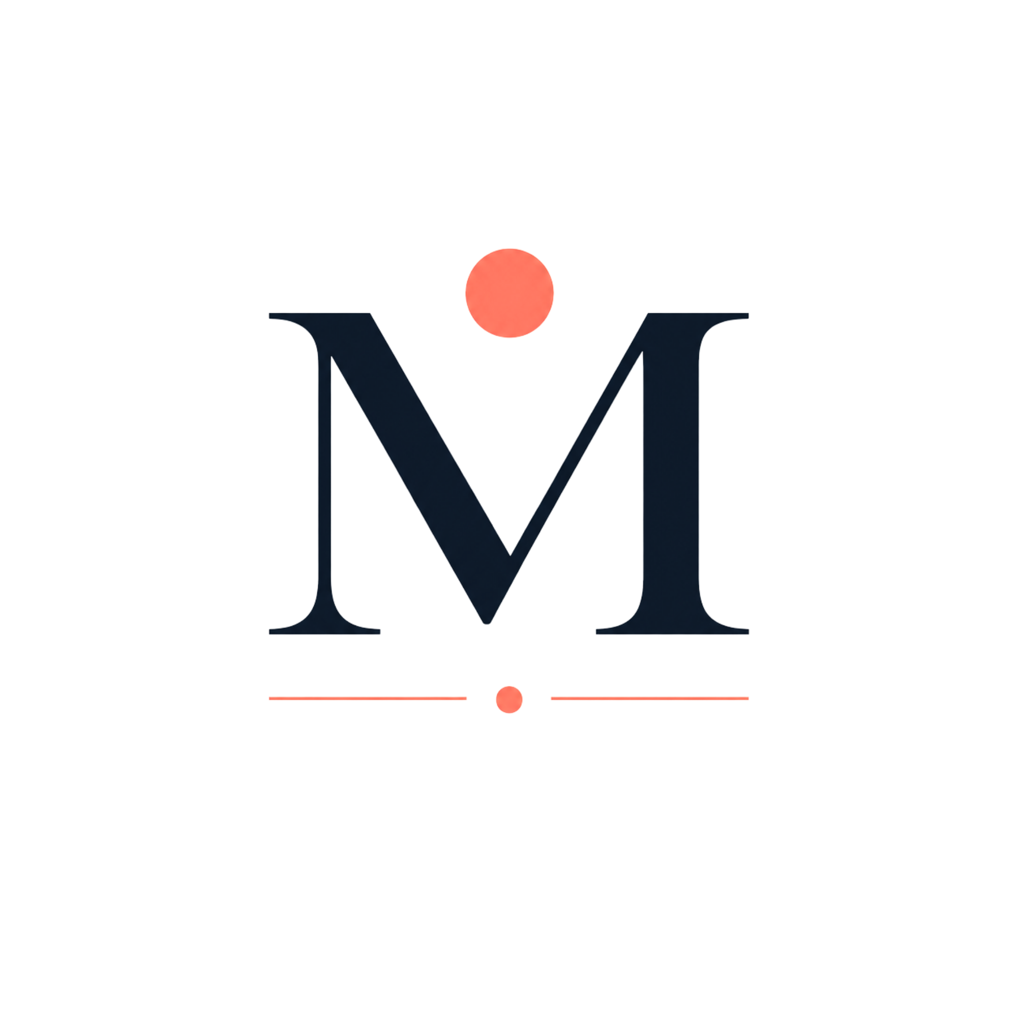 Menopause off script logo Blue M, Coral dot above, coral line with dot separator under.