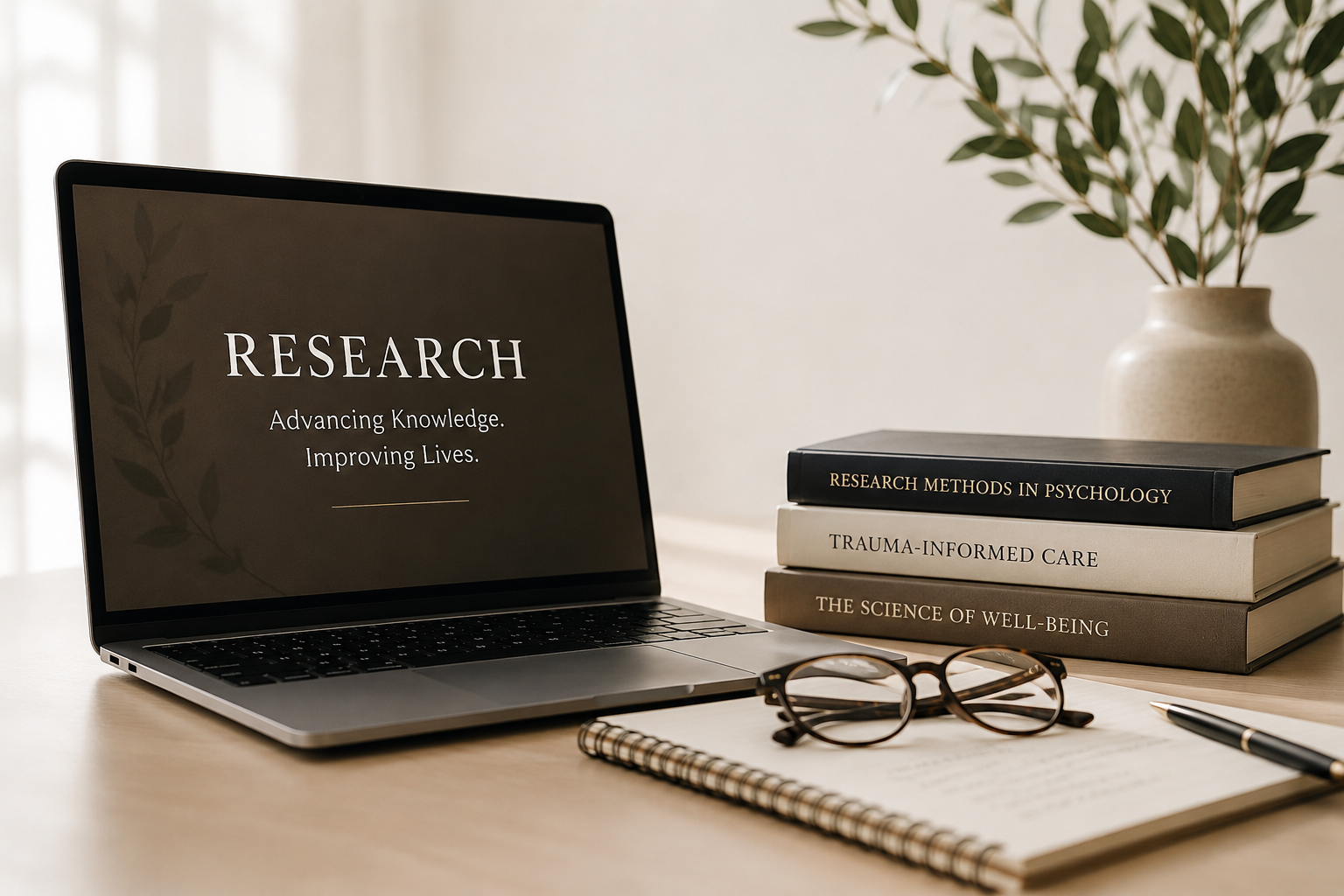 A workspace with a laptop displaying the words "RESEARCH: Advancing Knowledge. Improving Lives."; a stack of three books titled "Research Methods in Psychology," "Trauma-Informed Care," and "The Science of Well-Being;" a pair of reading glasses, a notebook, pen, and a potted plant.