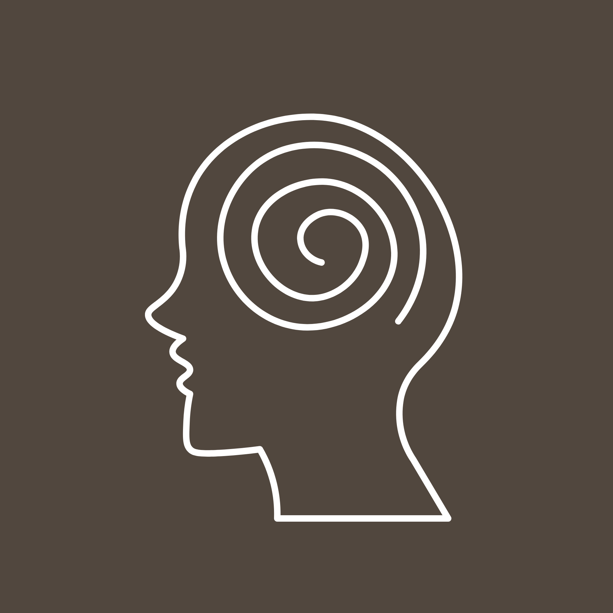 Outline of a human head with concentric circles inside representing the brain or thought process, on a dark brown background.