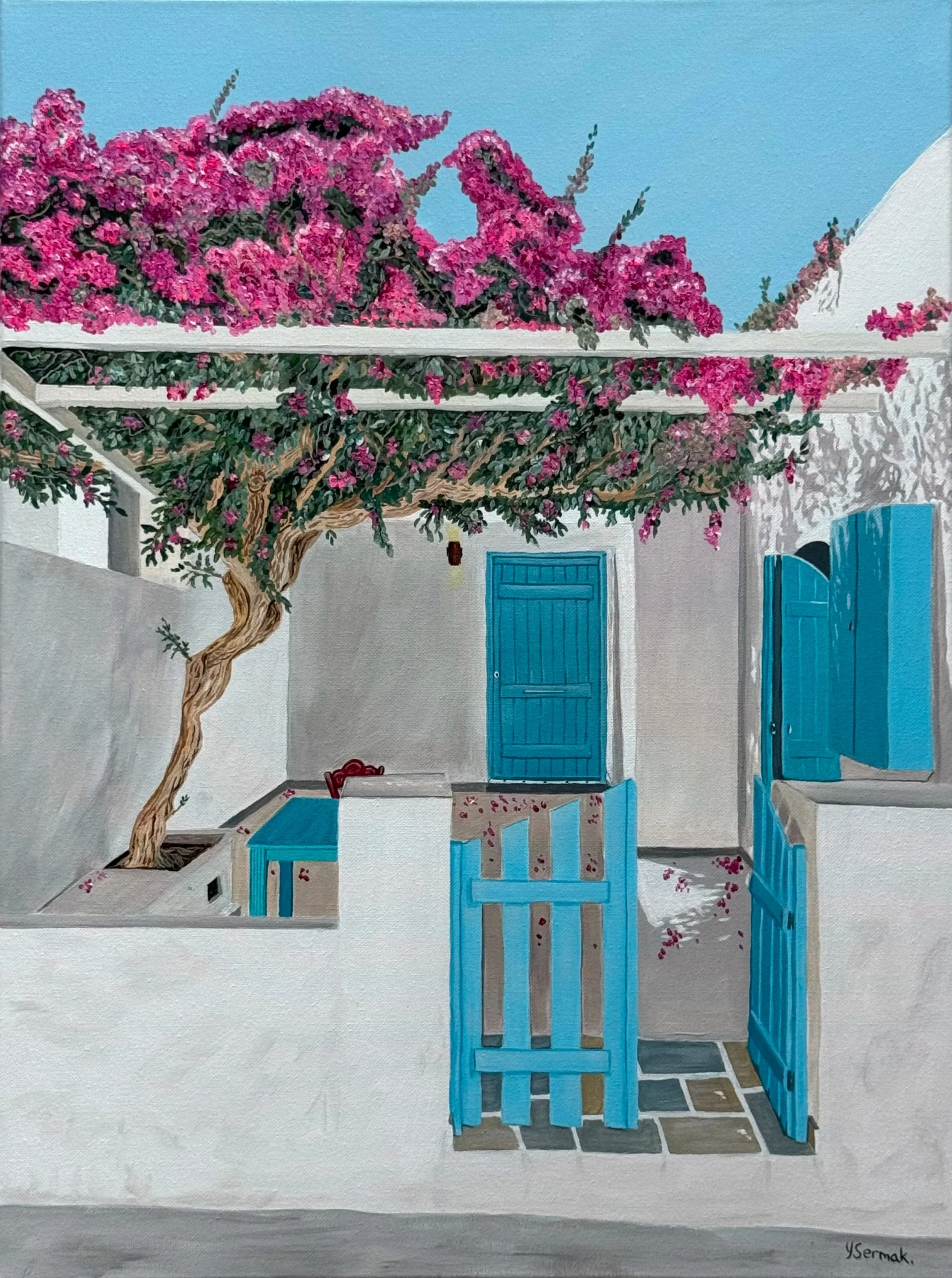 A painting of a white building with a blue door and shutters, a flowering pink bougainvillea tree, and a blue sky. The scene includes a small table with a red chair and scattered pink petals.