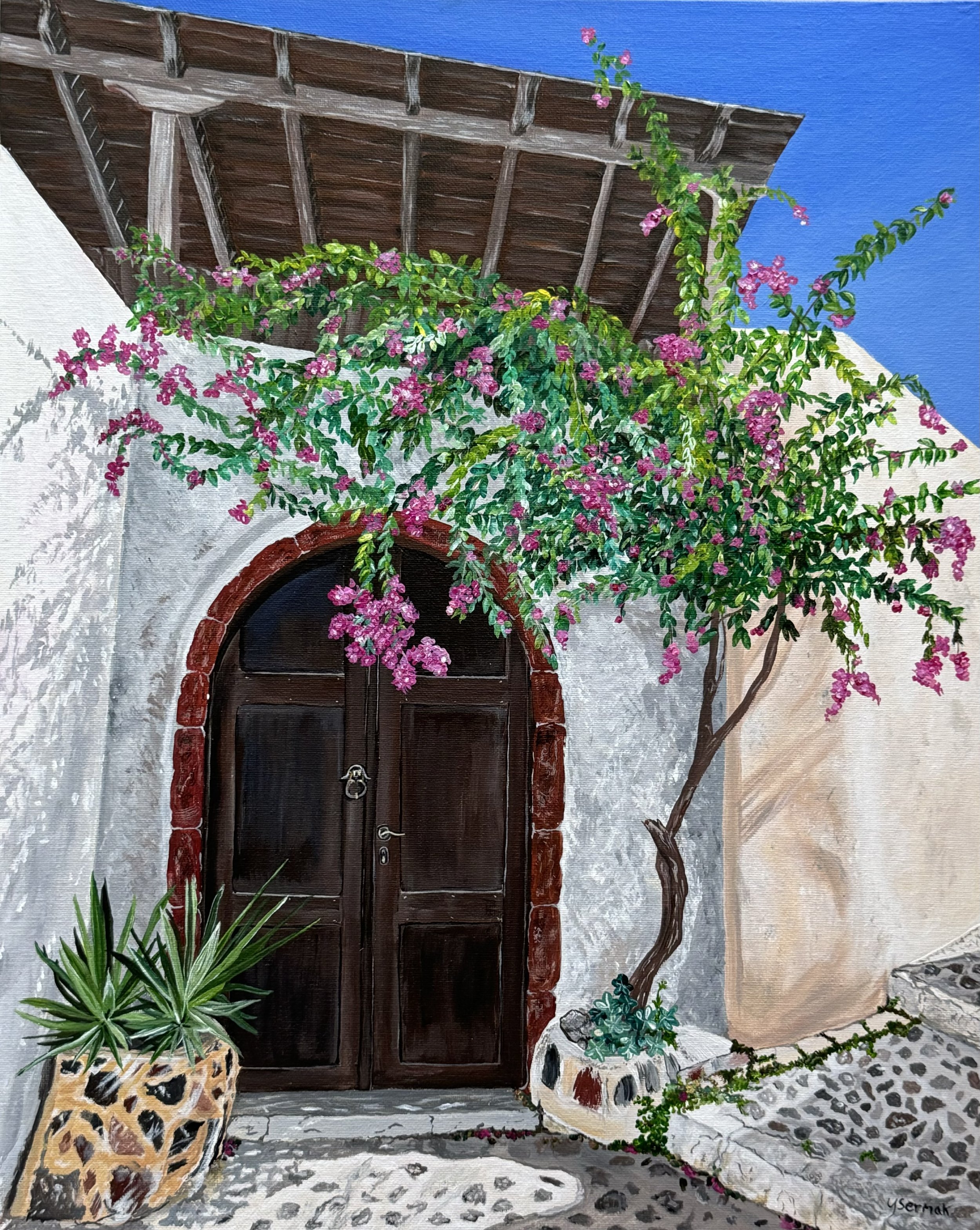 A rustic wooden door with a brick arch frame, set into a white stucco wall. Pink Bougainvillea vines grow around the door, with leaves and flowers cascading over the arch and onto the ground. A large potted plant with long green leaves is on the left, and a small green plant is on the right. There are also some pebbles and stones on the cobblestone ground.