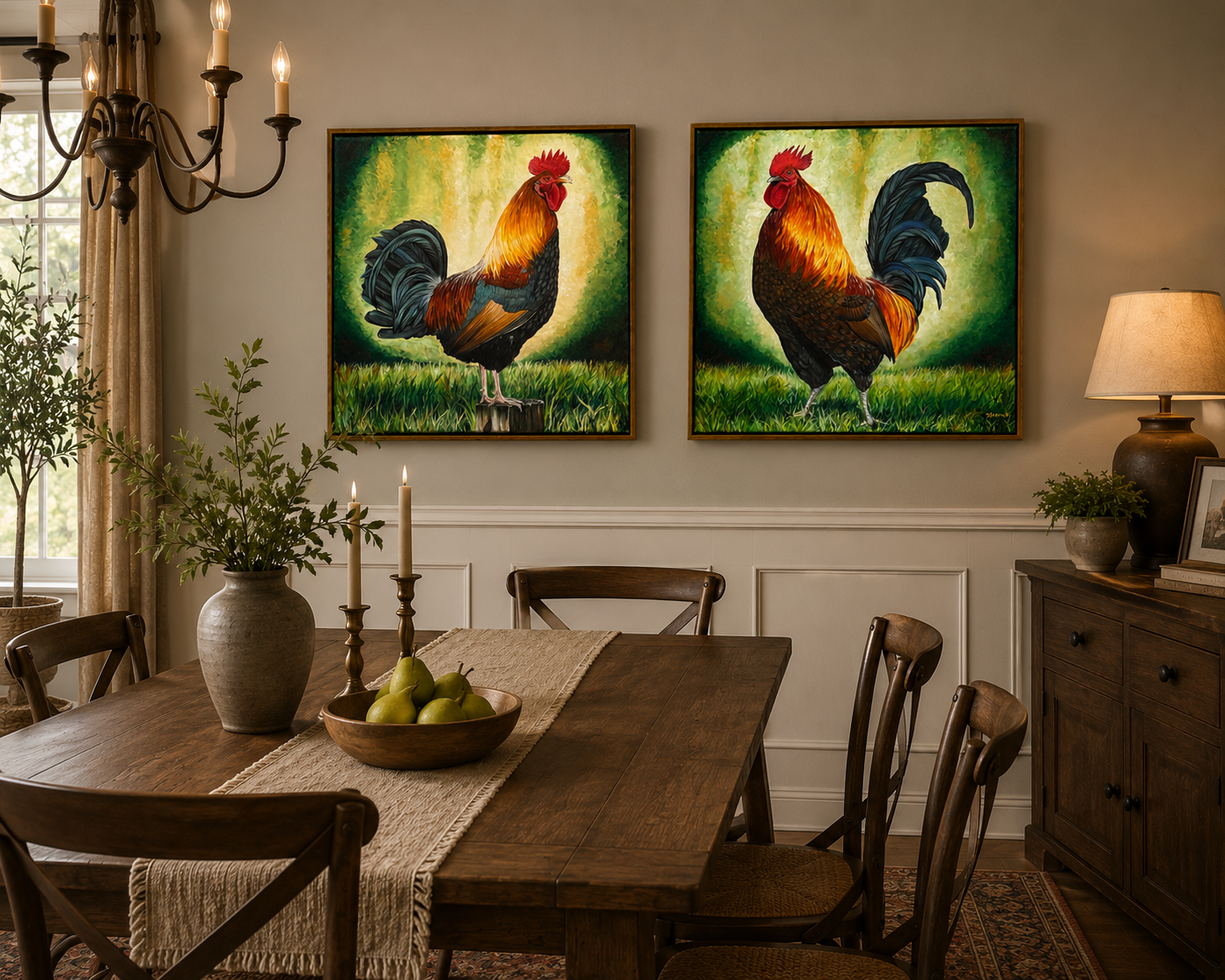 Room with wooden dining table, six chairs, potted plant, chandelier, framed art of roosters, sideboard, lamp, and a bowl of pears.