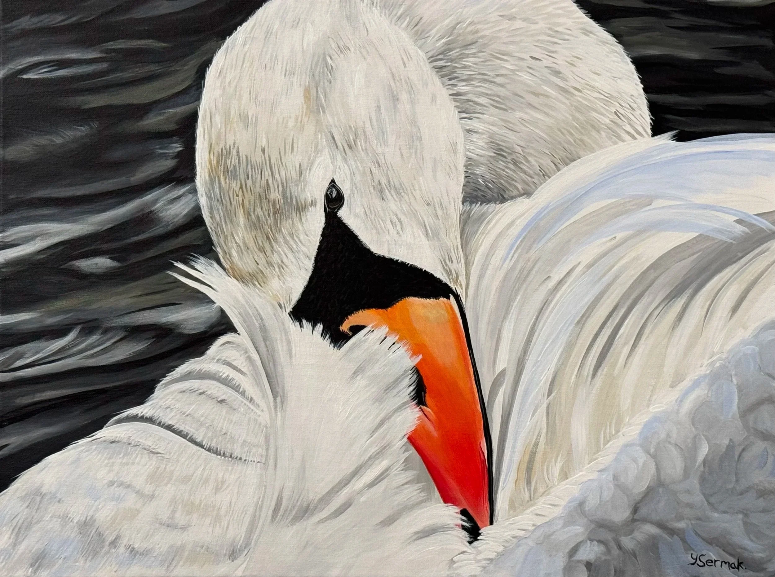 A painting of a swan's head and neck with white feathers, black eye, orange beak, and a background of water with dark and light swirling ripples.