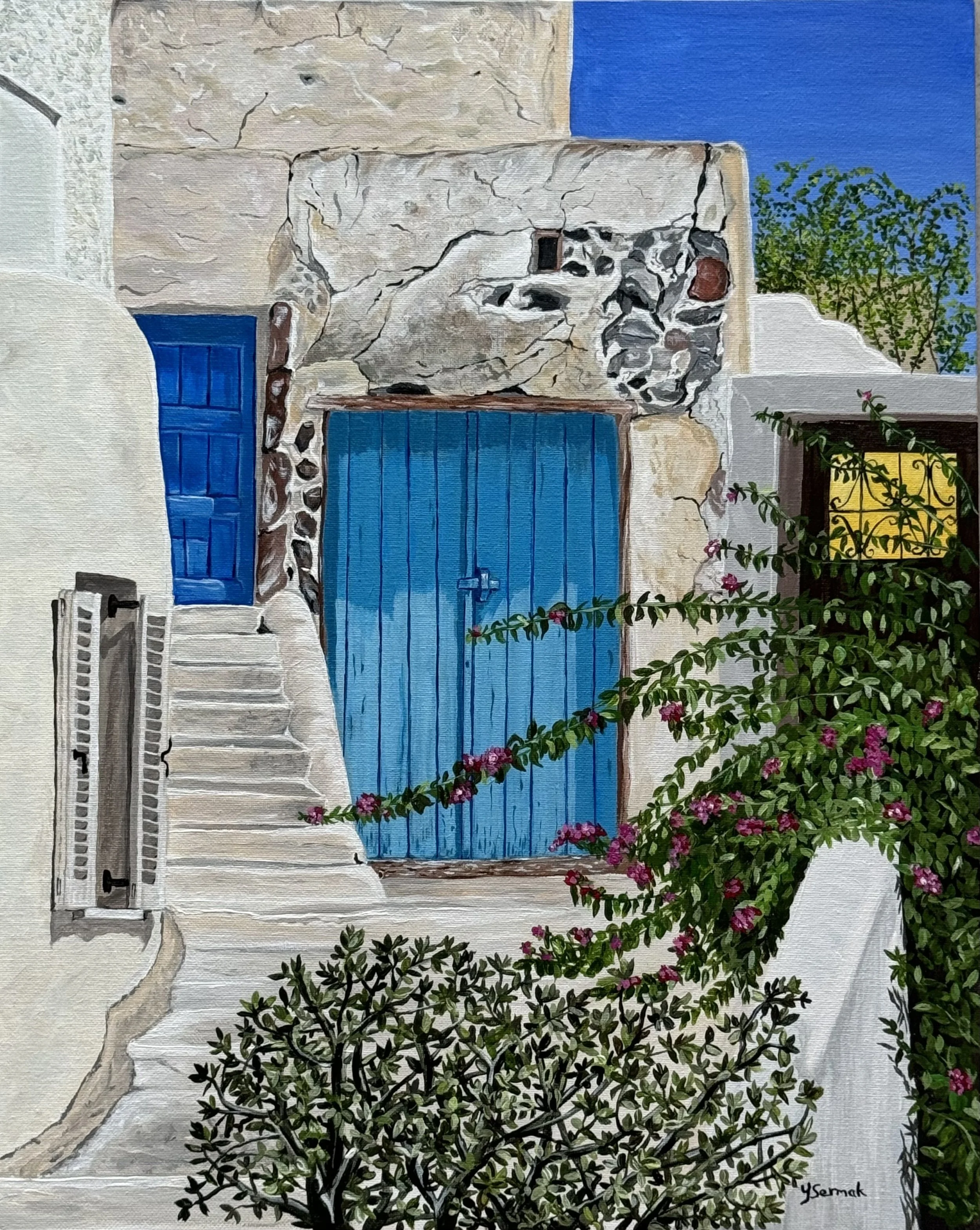 A vibrant painting of a white-washed building with domed architecture, featuring blue doors and windows, surrounded by pink flowering plants and greenery, against a clear blue sky.