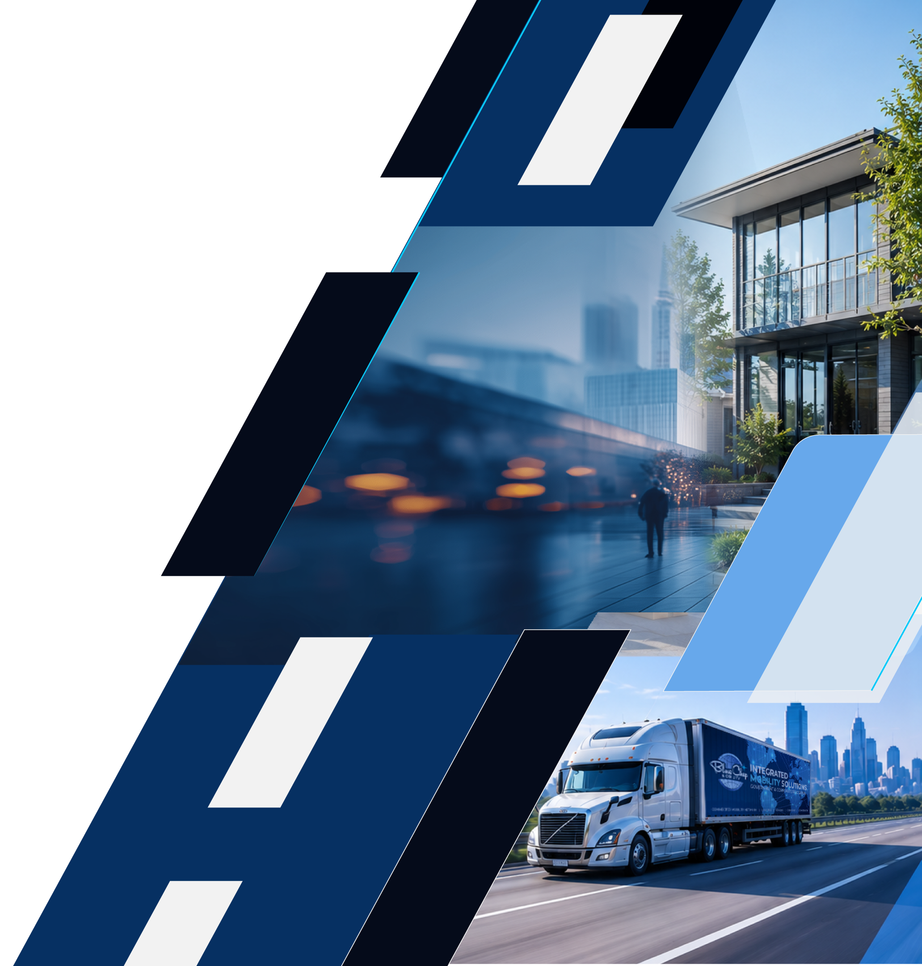 A semi-truck driving on a highway with a cityscape in the background