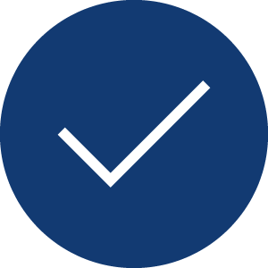 White checkmark inside a dark blue circle.