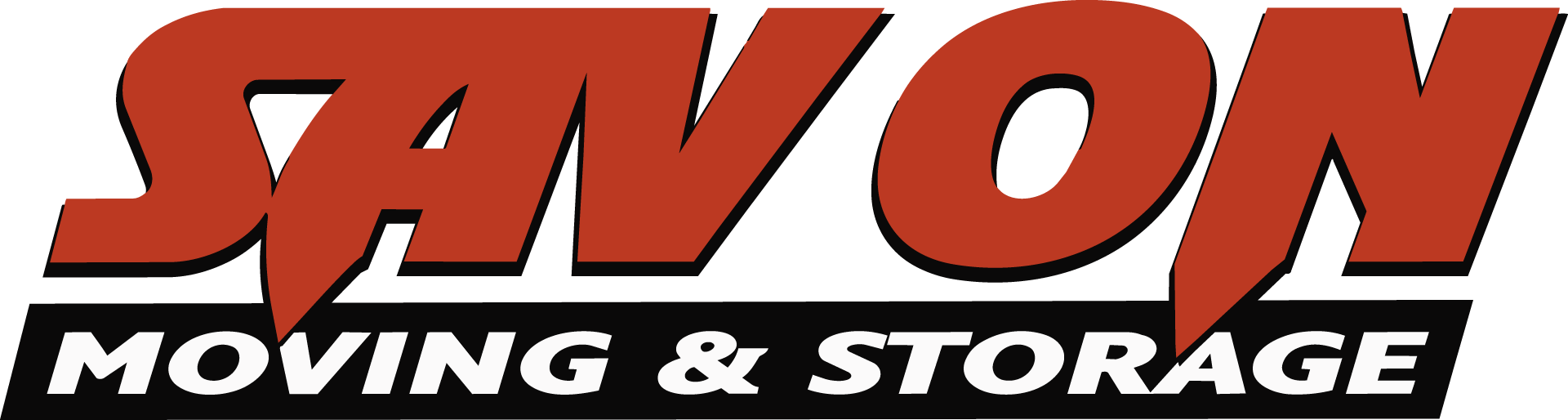 Logotype for SAV ON Moving & Storage with bold red and white text.
