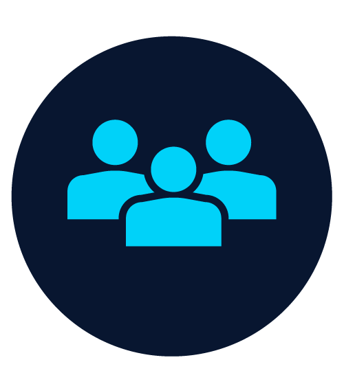 Icon of three blue people figures on a dark background, representing a group or team.