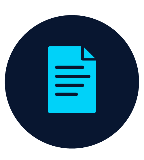 Icon of a document with lines on a dark circular background.