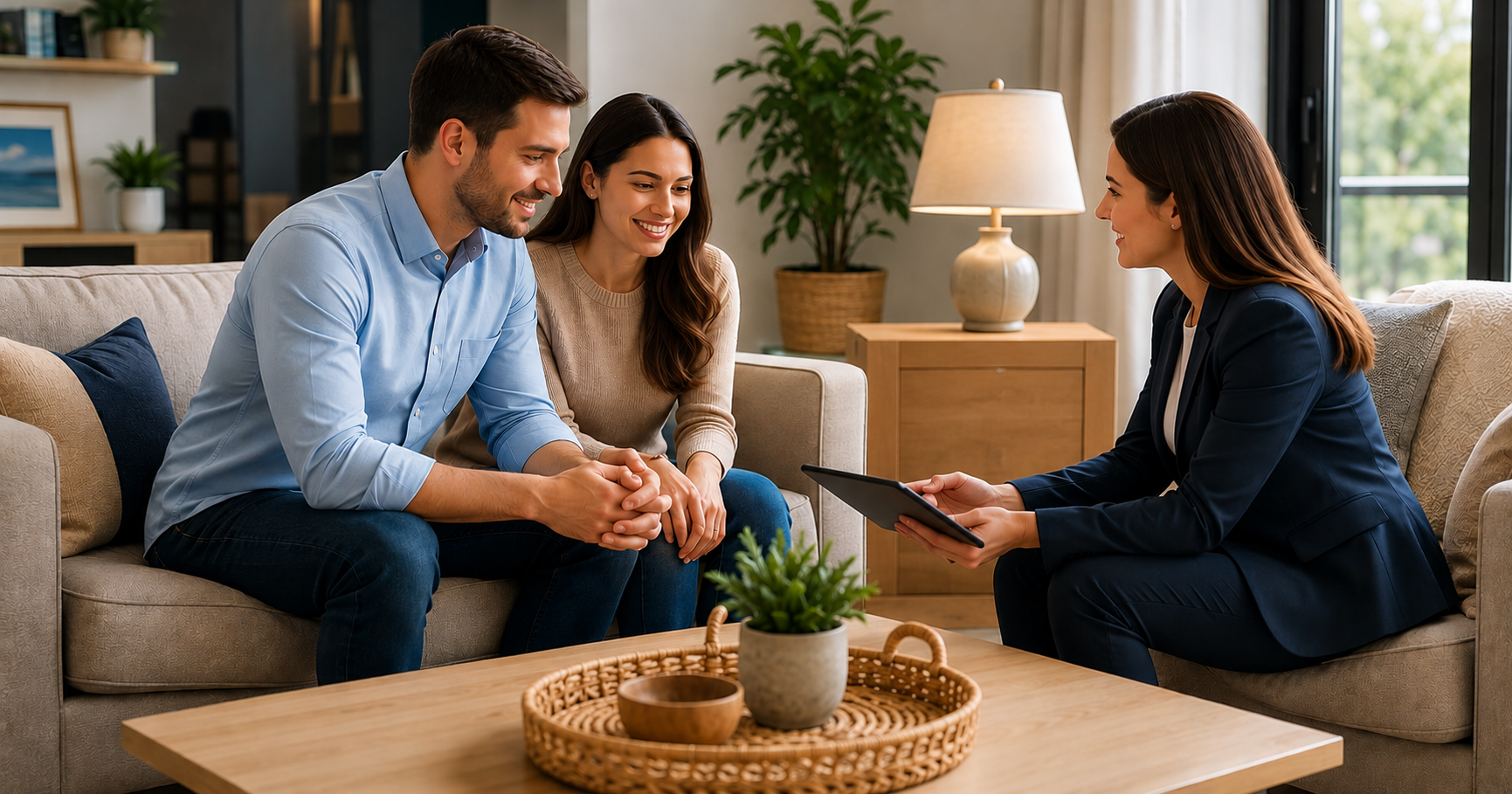 A woman in a navy blazer showing a tablet to a couple sitting on a beige sofa in a cozy living room.