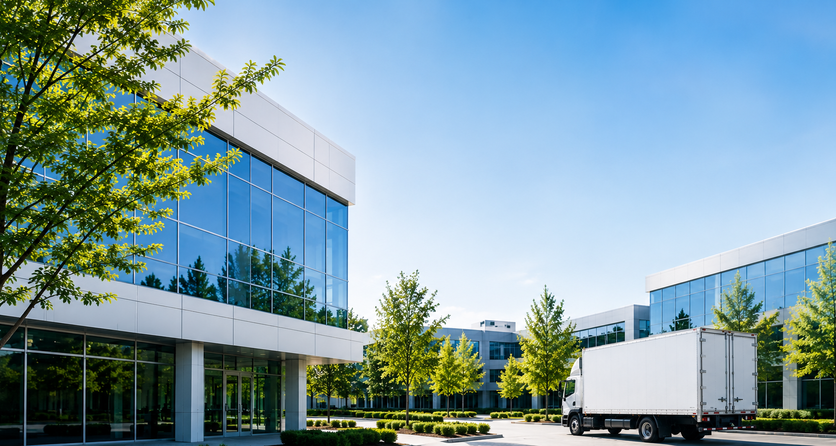 Modern office buildings with reflective glass windows, trees, and a white delivery truck parked outside on a sunny day.