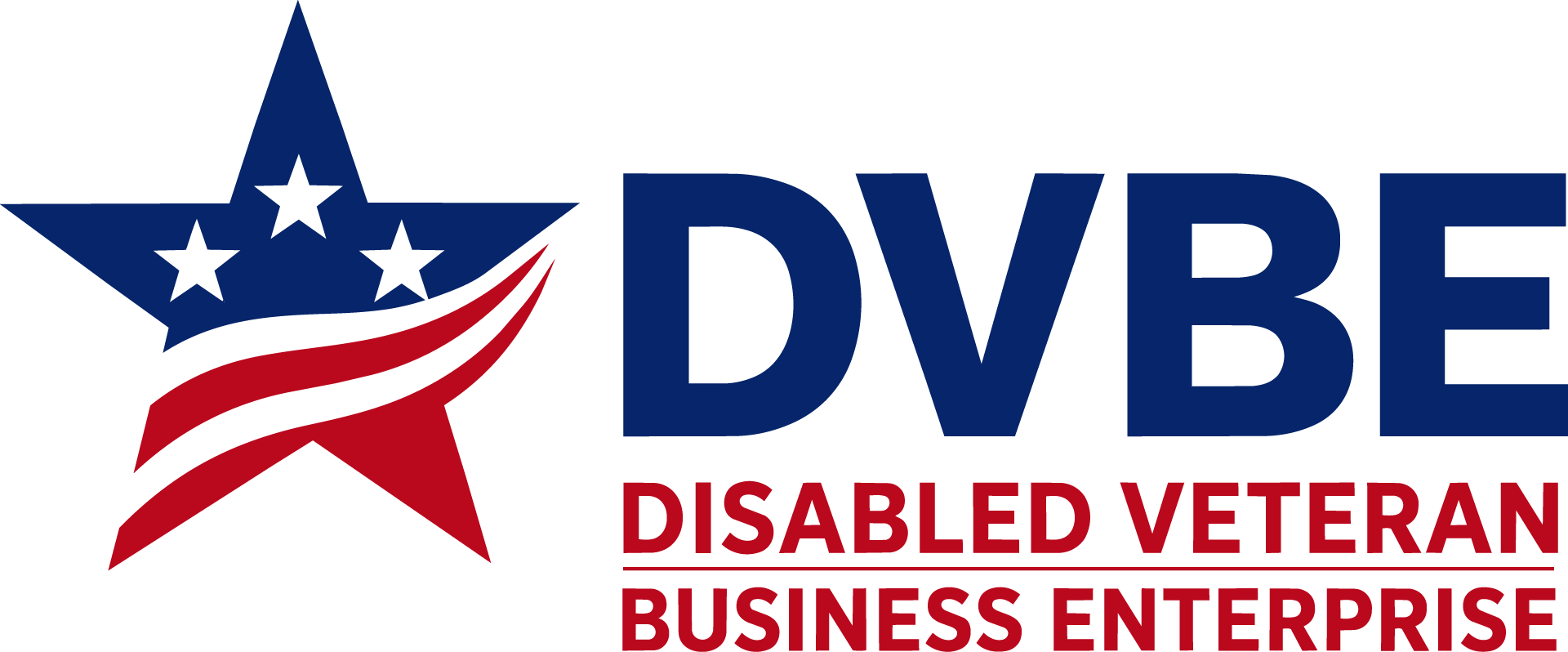 Logo of Disabled Veteran Business Enterprise (DVBE), featuring a blue star with three smaller black stars and red and black wave lines, with the text 'DVBE' in large blue letters and 'Disabled Veteran Business Enterprise' in red below.