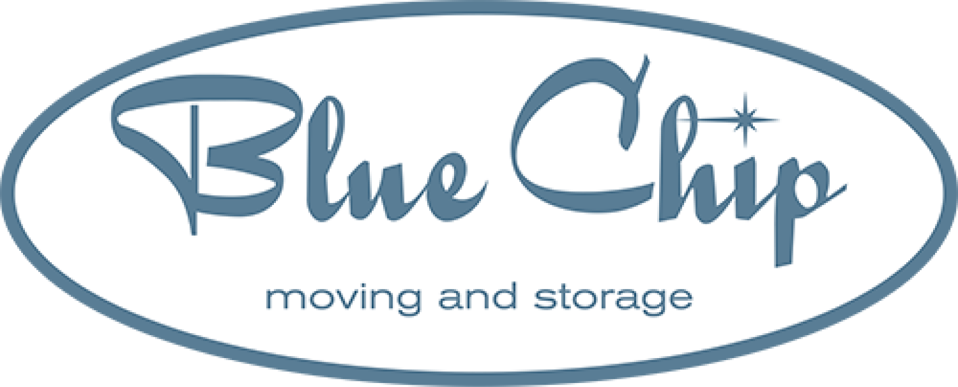 Blue Chip Moving and Storage logo with stylized text and a star, in an oval shape.