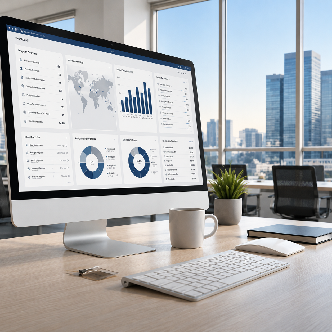 Office desk with an iMac displaying dashboards and charts, accompanied by a keyboard, mouse, coffee mug, plant, and a closed book. Large windows with city skyscrapers in the background.