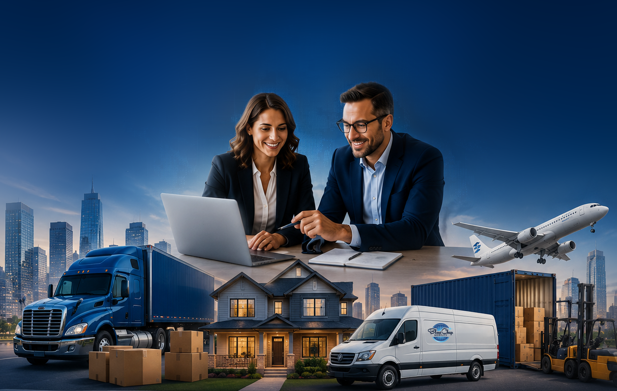 Businesspeople discussing logistics and transportation plans with a city skyline in the background, and transportation vehicles including a truck, van, and airplane, as well as a house and boxes in the foreground.
