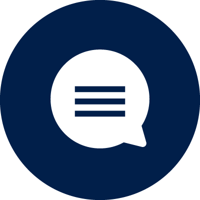 icon Speech bubble icon with three horizontal lines inside, on a dark blue круглый background.