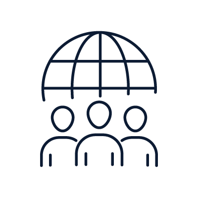 Icon of three people with a globe above them, representing global teamwork or international collaboration.