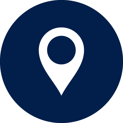 Map pin icon on a dark blue circular background