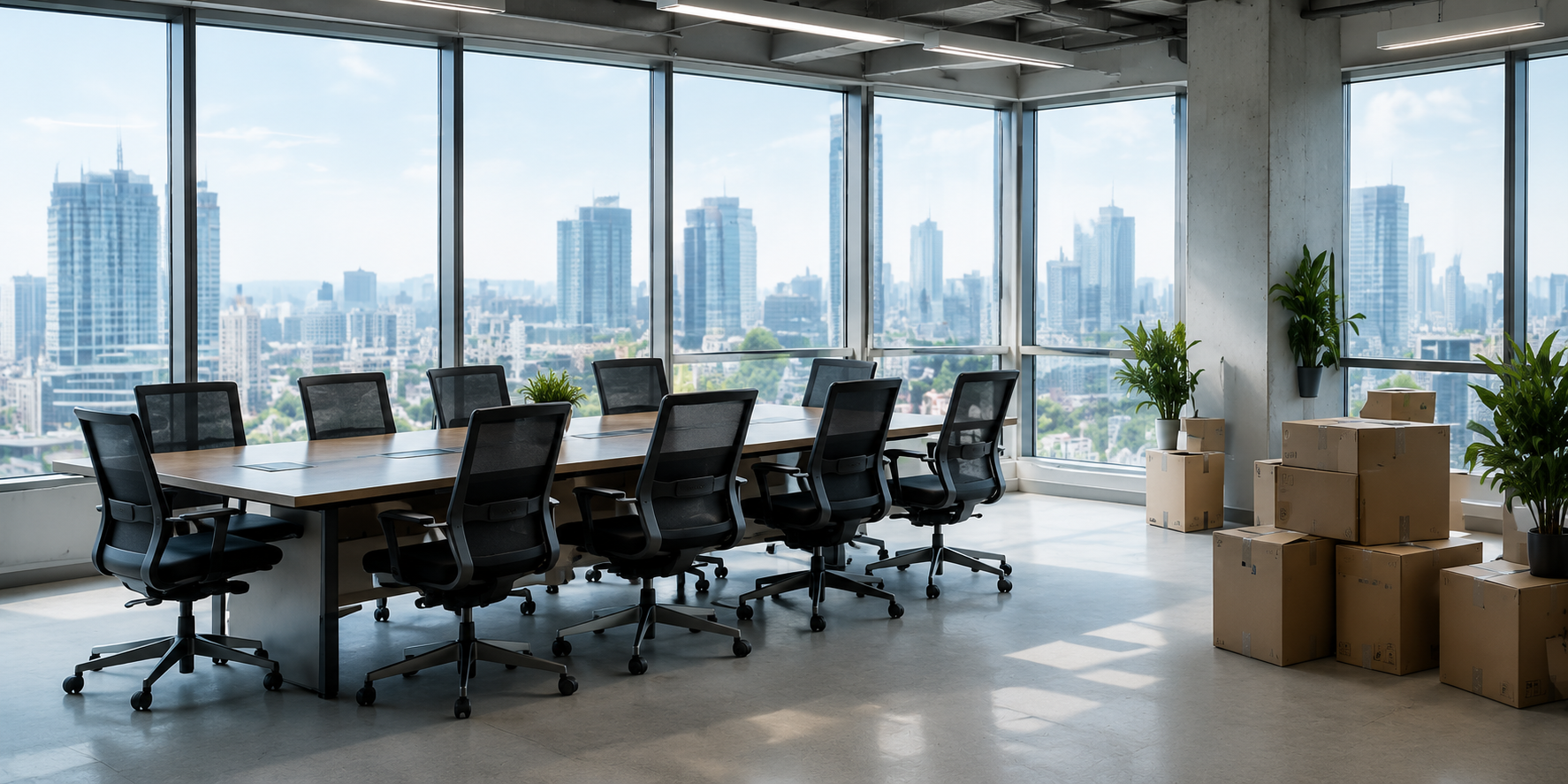 Modern office conference room with a large wooden table, black office chairs, green potted plants, and cardboard moving boxes near large windows showing a city skyline.