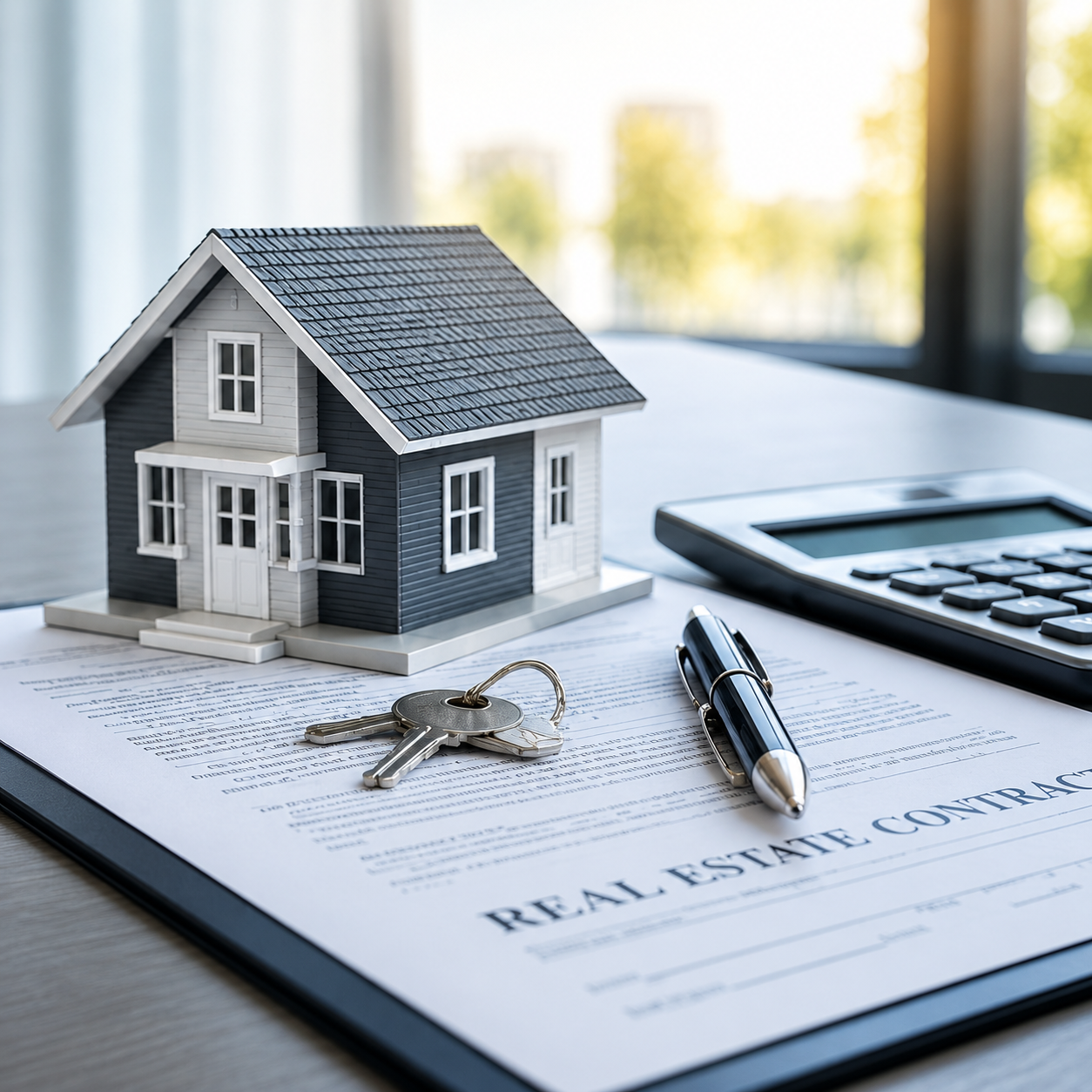 A house model, keys, pen, calculator, and real estate contract on a desk.