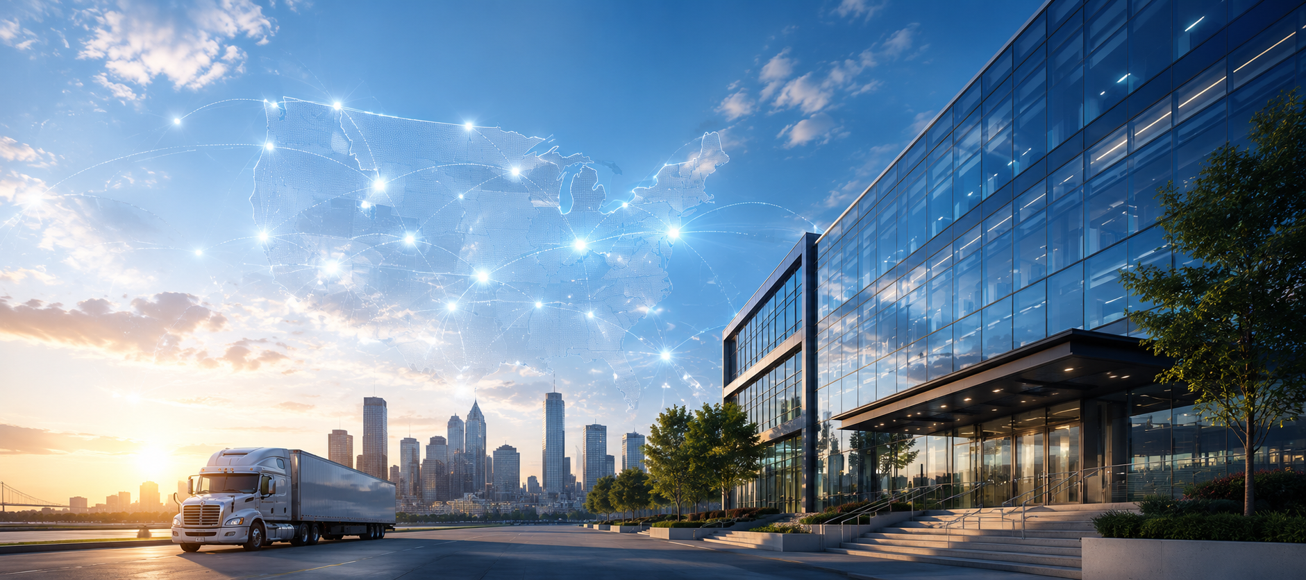 A modern glass building with a city skyline in the background during sunset, with a semi-truck parked in the foreground and a digital map of the world with interconnected nodes overlaying the sky.