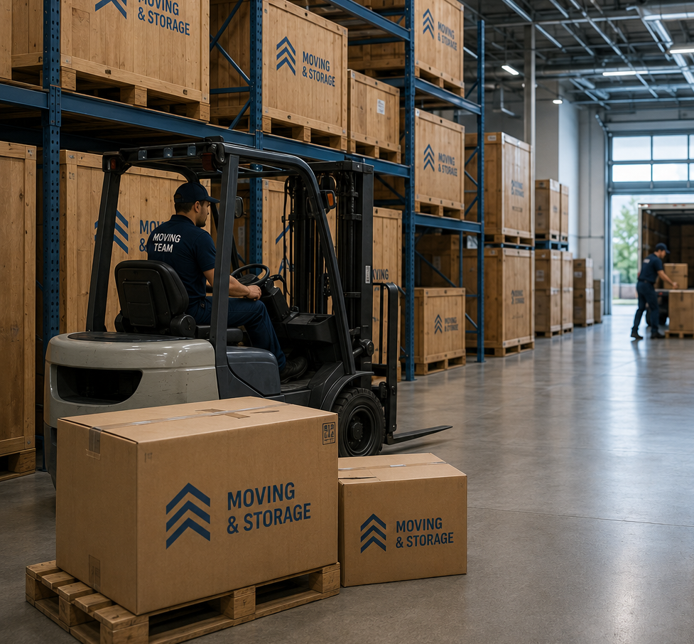A warehouse worker operating a forklift to move a cardboard box marked 'Moving & Storage.'