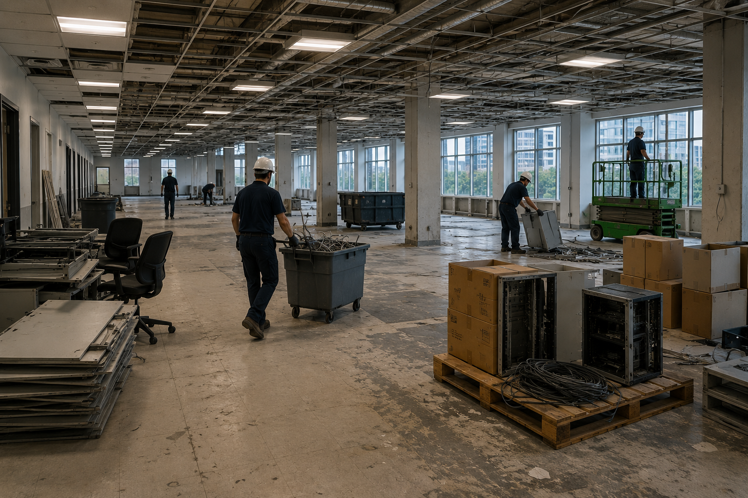 Commercial decommissioning workers in a large office space under renovation, with exposed ceiling, scattered equipment, and large windows.