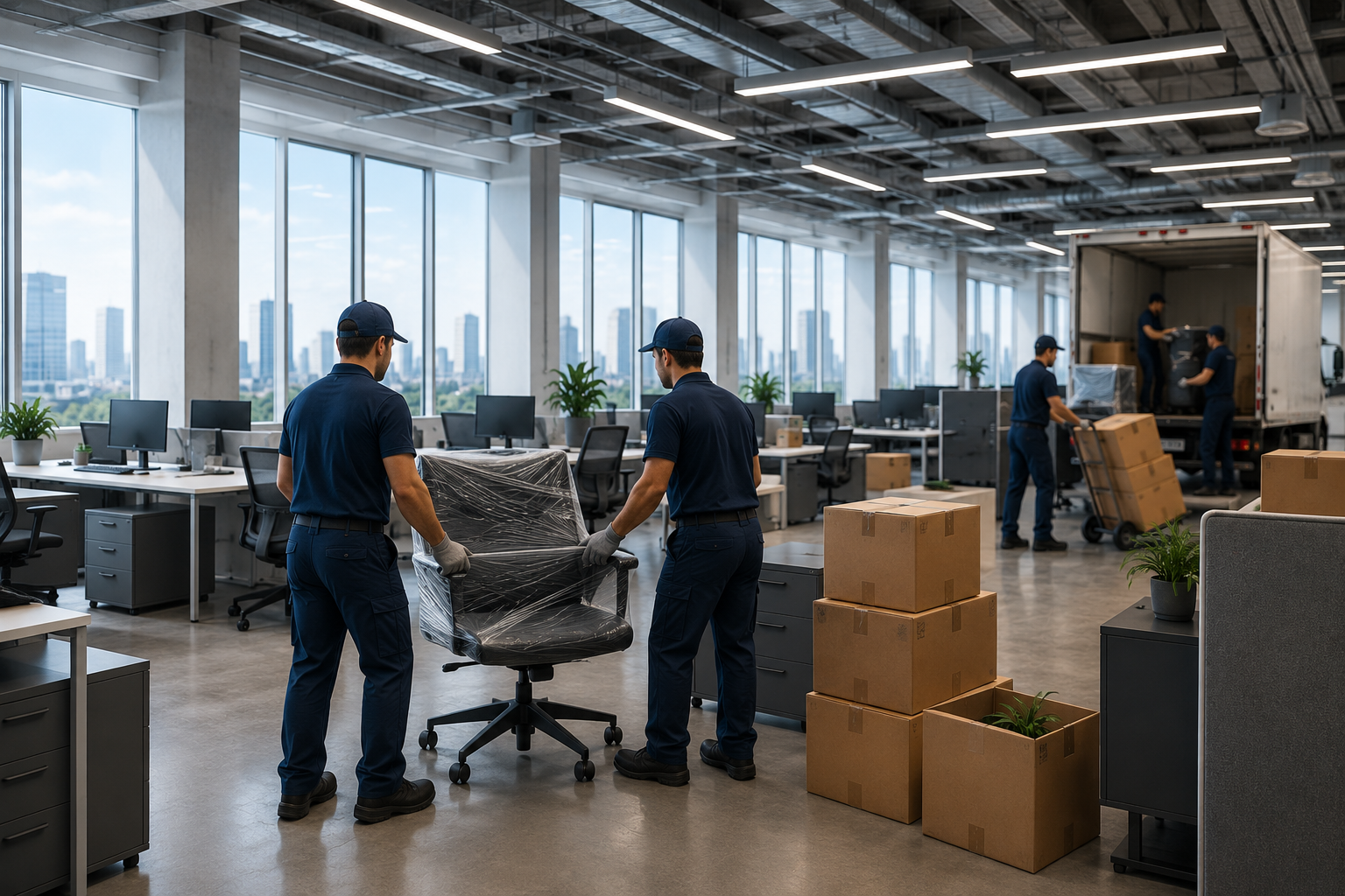 Moving team unloads office furniture and boxes inside a modern office building with large windows and city skyline view.