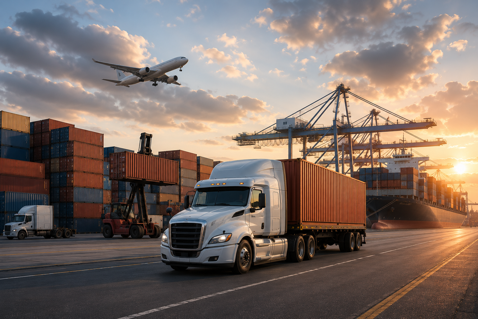 A cargo ship with containers, a white semi-truck, and a plane flying overhead at a port during sunset.