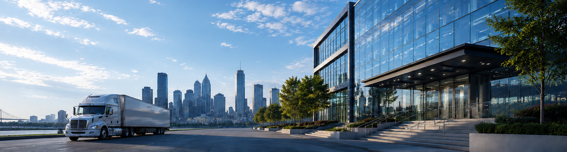 A silver semi-truck parked near a modern glass building with a city skyline in the background.