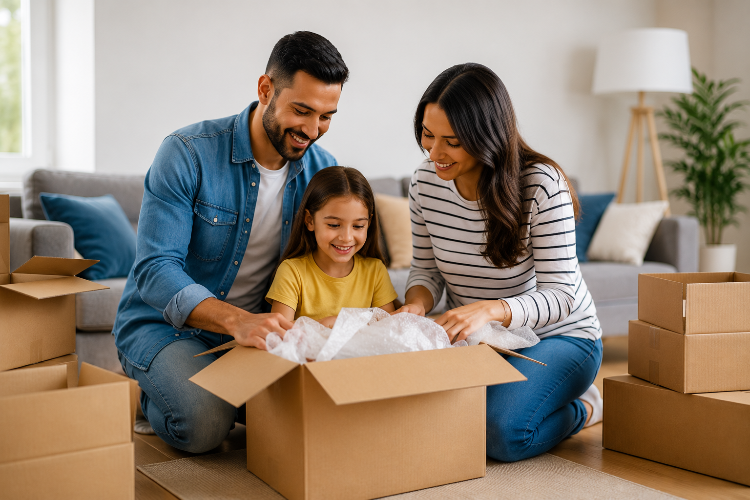Family of three opening a cardboard box together in a living room, surrounded by unpacked boxes.