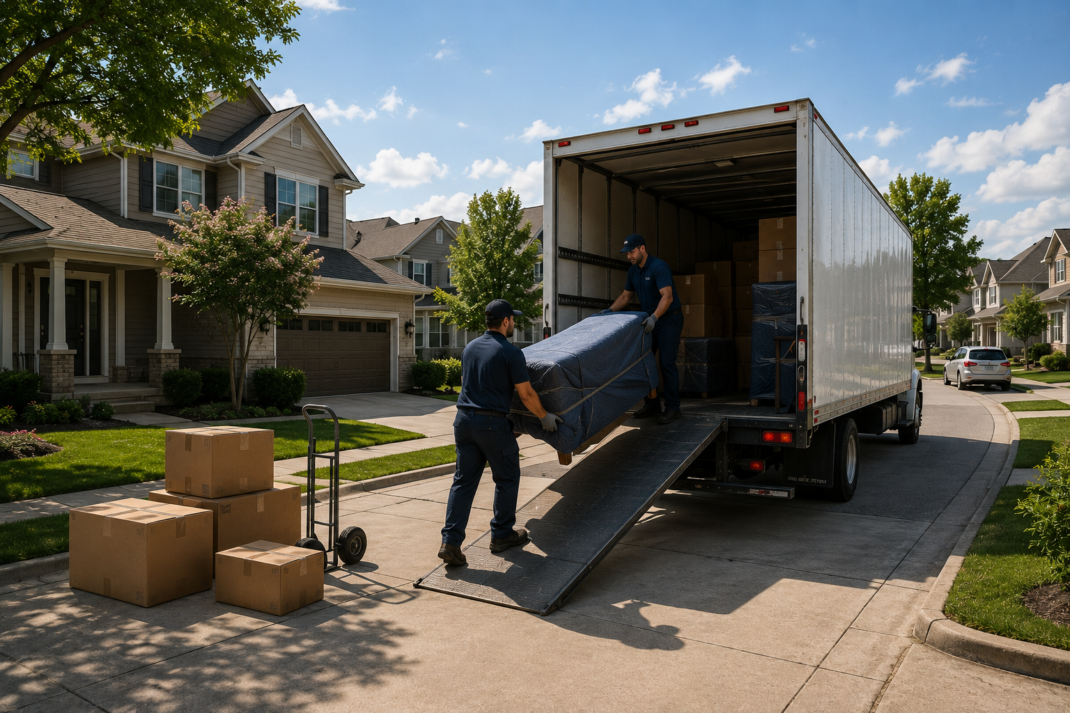 Two movers loading a large wrapped item into a moving truck parked in front of suburban houses on a sunny day.
