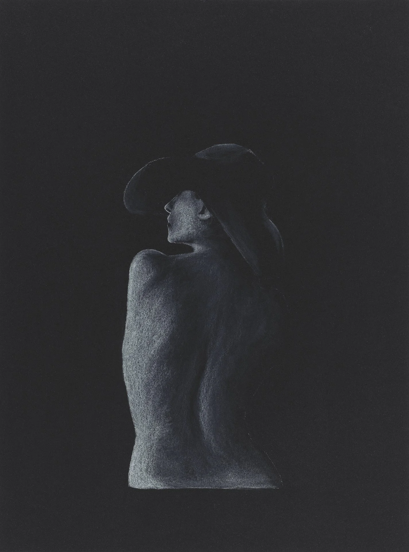A black and white pastel drawing of a woman with long hair, seen from behind. Her back is exposed, with both arms raised pulled to her front.