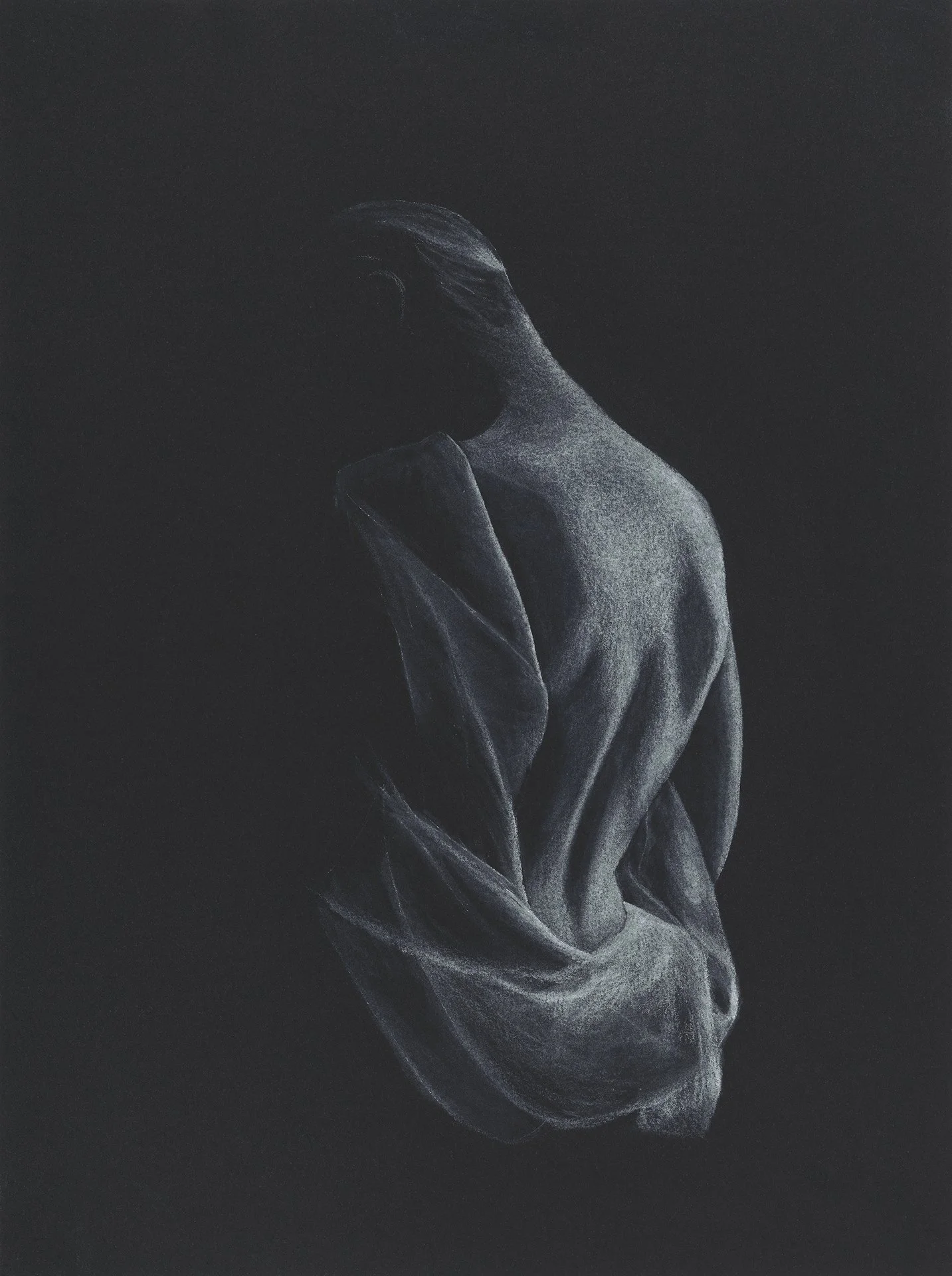 A black and white pastel drawing of a woman with long hair, seen from behind. She is wearing a towel around her waist, her back is exposed, with both arms lowered to her sides.