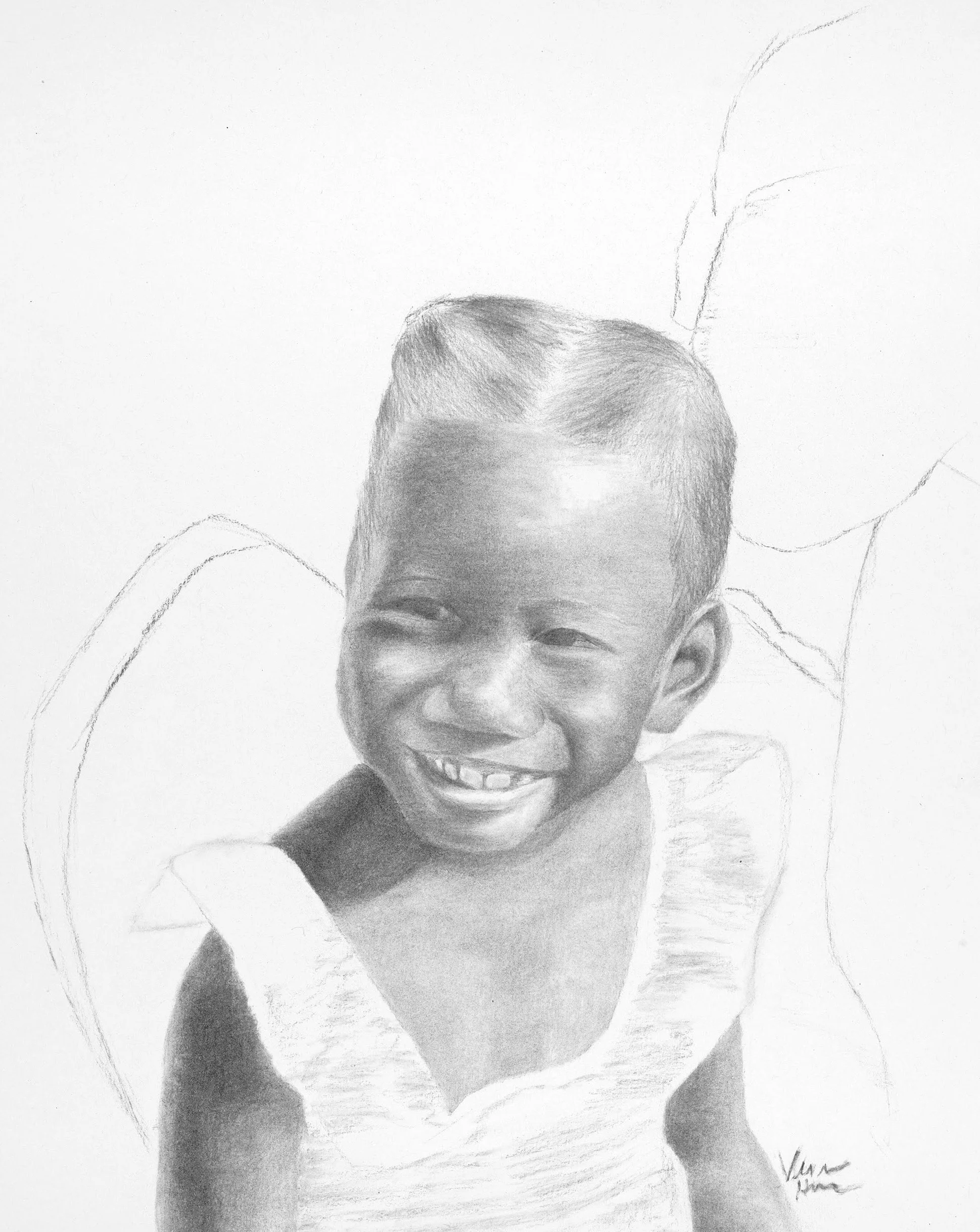 A detailed charcoal drawing of a smiling young girl with short hair, wearing a shirt. The girl's face shows joyful expression with visible teeth in a broad smile.