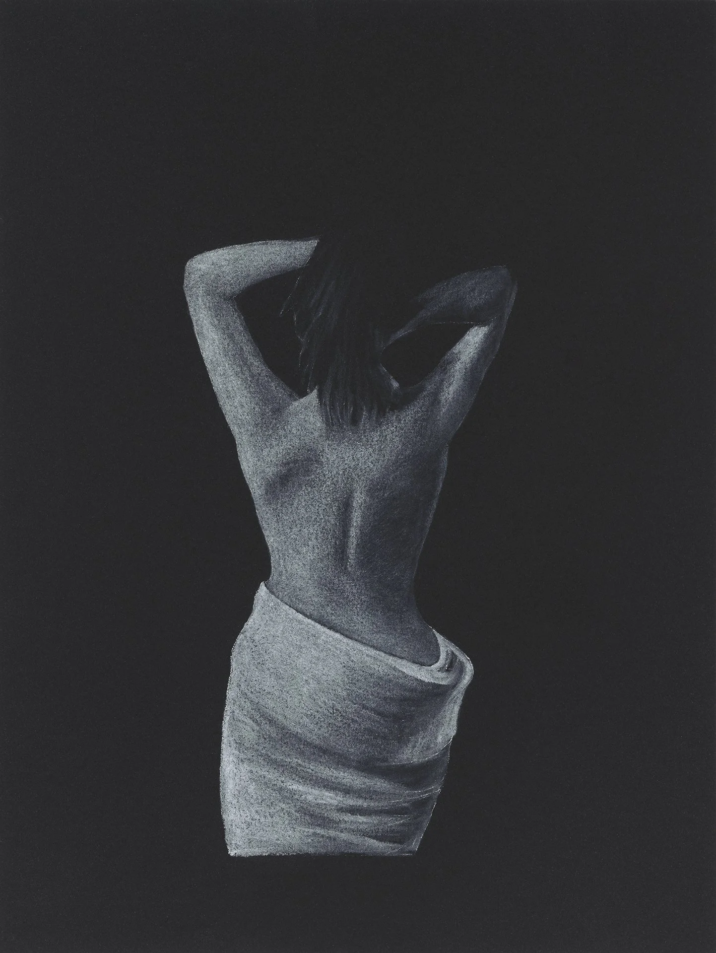A black and white pastel drawing of a woman with long hair, seen from behind. She is wearing a towel around her waist, her back is exposed, with both arms raised above her head.
