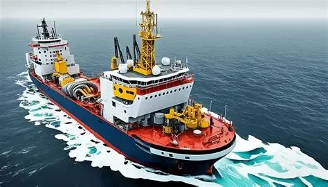 A large ship navigating through open water, equipped with cranes and equipment for offshore operations.