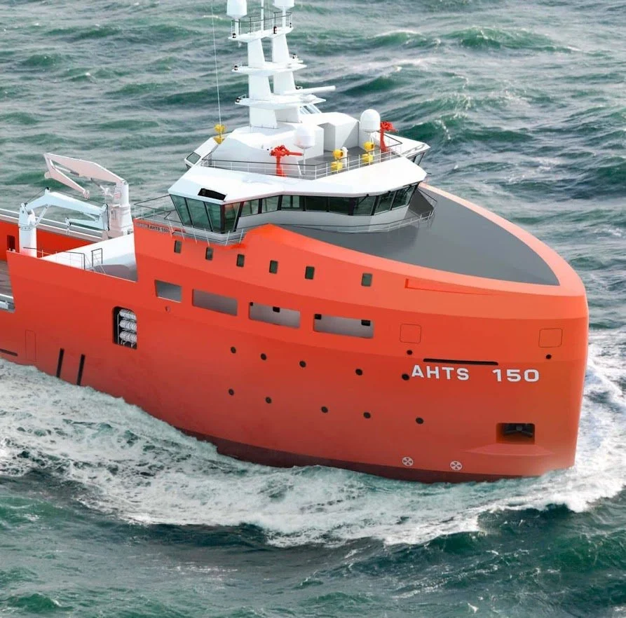 A large red and gray ship labeled "AHTS 150" sailing on the ocean.