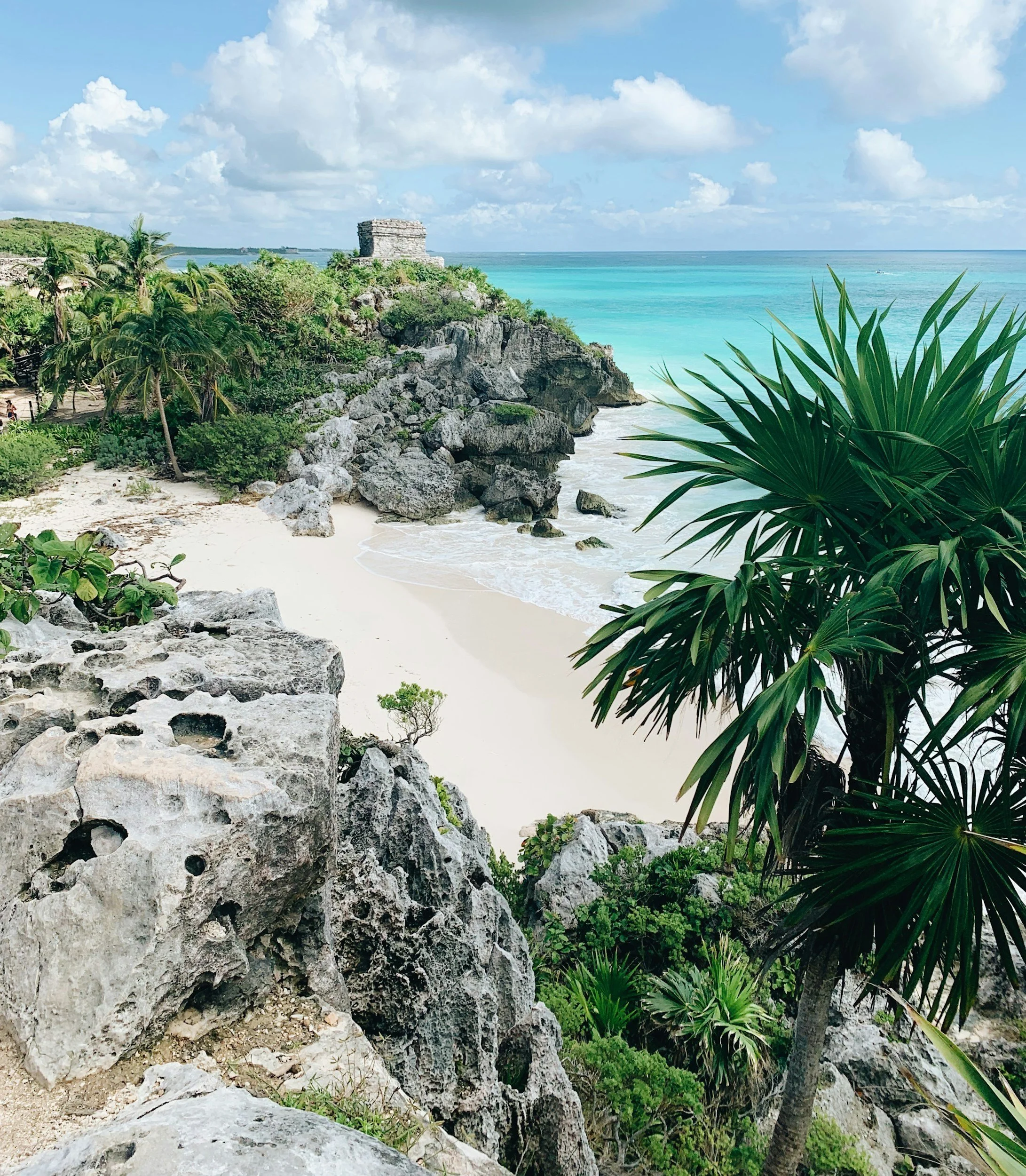 Tropical coastal scenery with large rocks, lush green vegetation, palm trees, and a turquoise ocean under a partly cloudy sky.