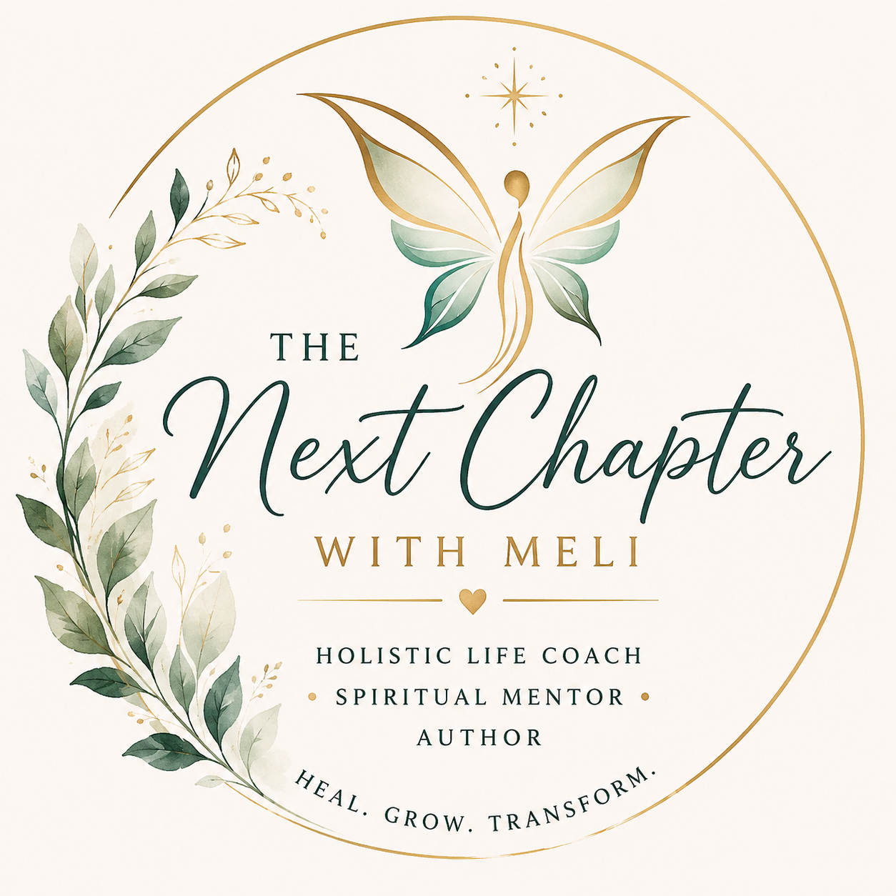Design for a book or program titled 'The Next Chapter with Meli,' featuring a butterfly, leaves, and gold accents, indicating themes of growth, transformation, and spiritual guidance.