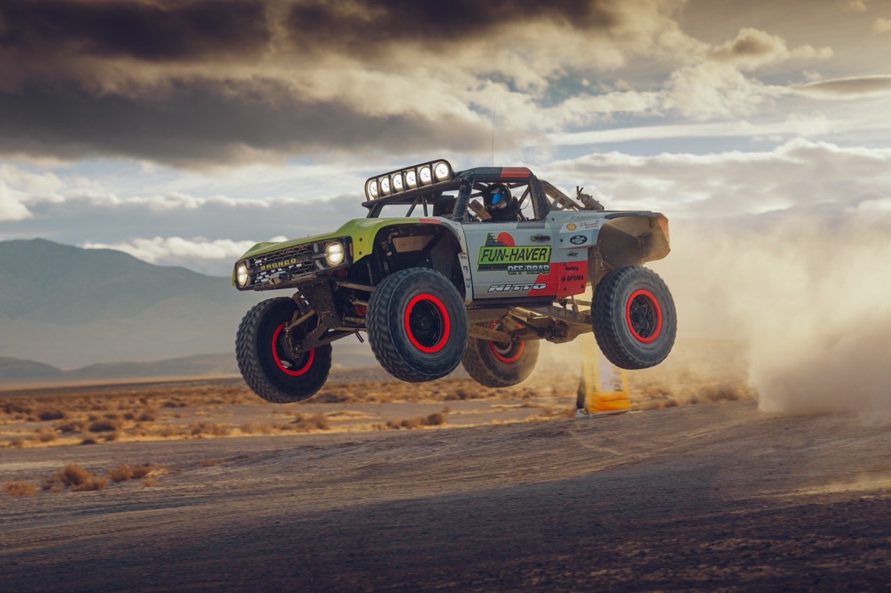 Trophy truck jumping in the air.