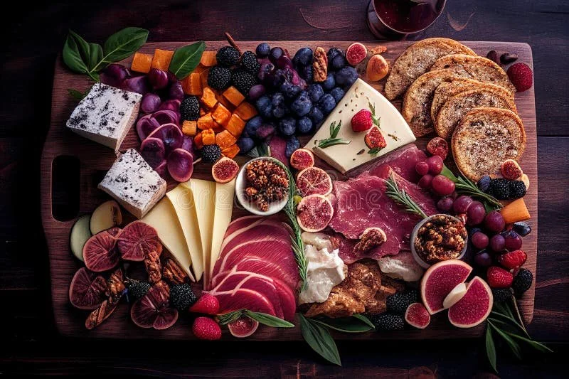 A charcuterie board with cheese, sliced meats, grapes, berries, figs, dried fruits, nuts, crackers, and garnishes