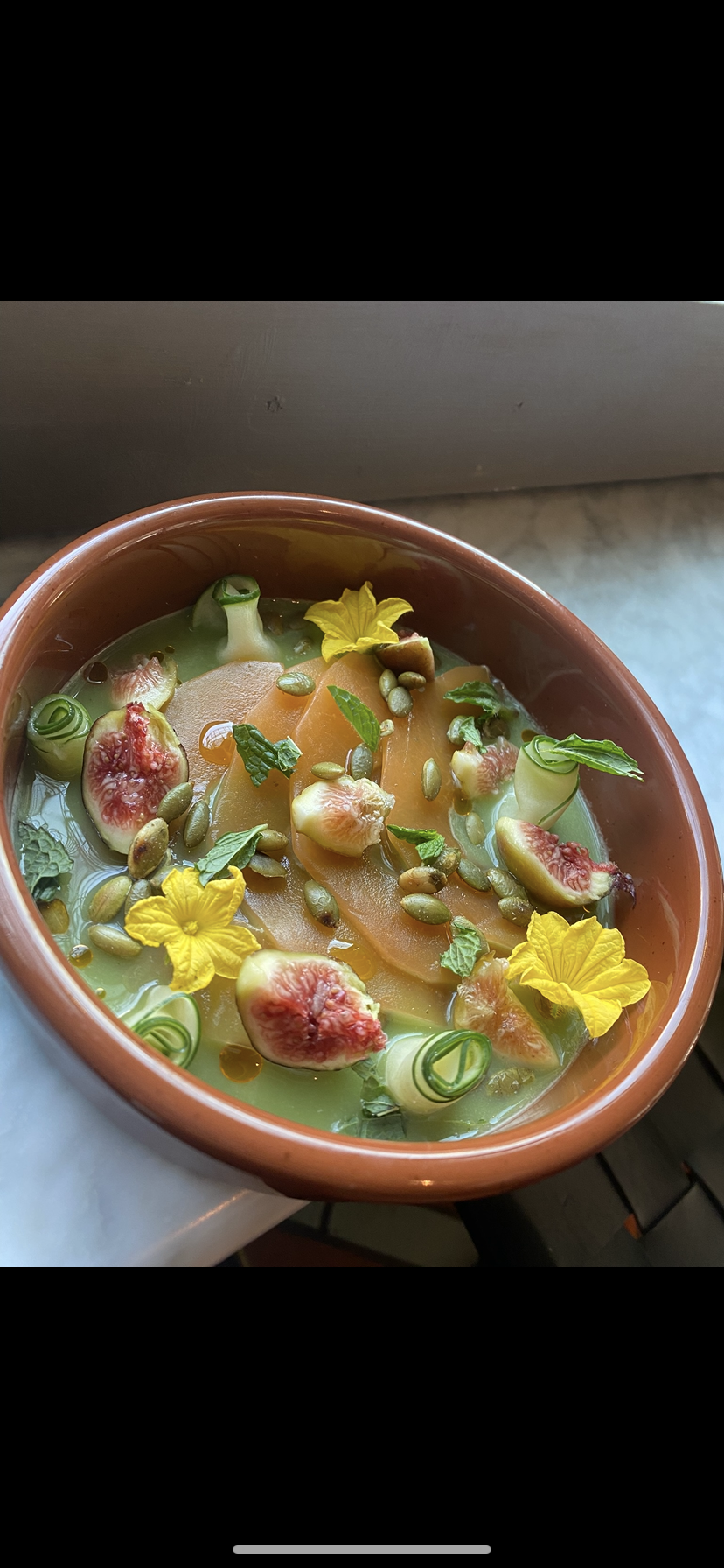A bowl of fruit and vegetable soup garnished with figs, green onions, pumpkin seeds, herbs, and edible flowers.